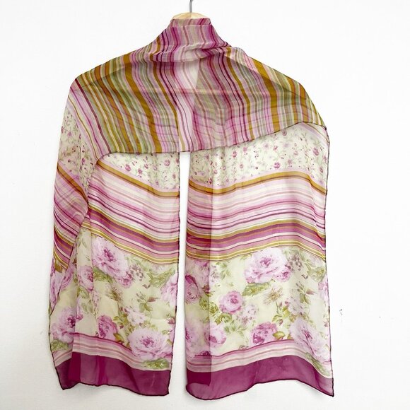 Italy Made Floral Roses Striped Pink Silk Scarf - Picture 2 of 9